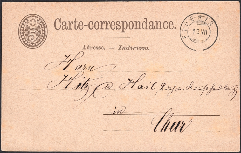 Schweiz, Abstempelungen, Kanton Graubünden, Zwergstempel FIDERIS auf 5Rp.Postkarte