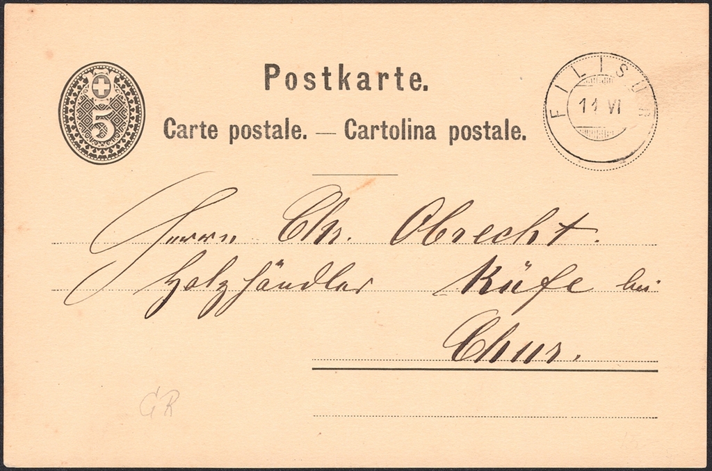 Schweiz, Abstempelungen, Kanton Graubünden, Zwergstempel FILISUR auf 5Rp.Postkarte