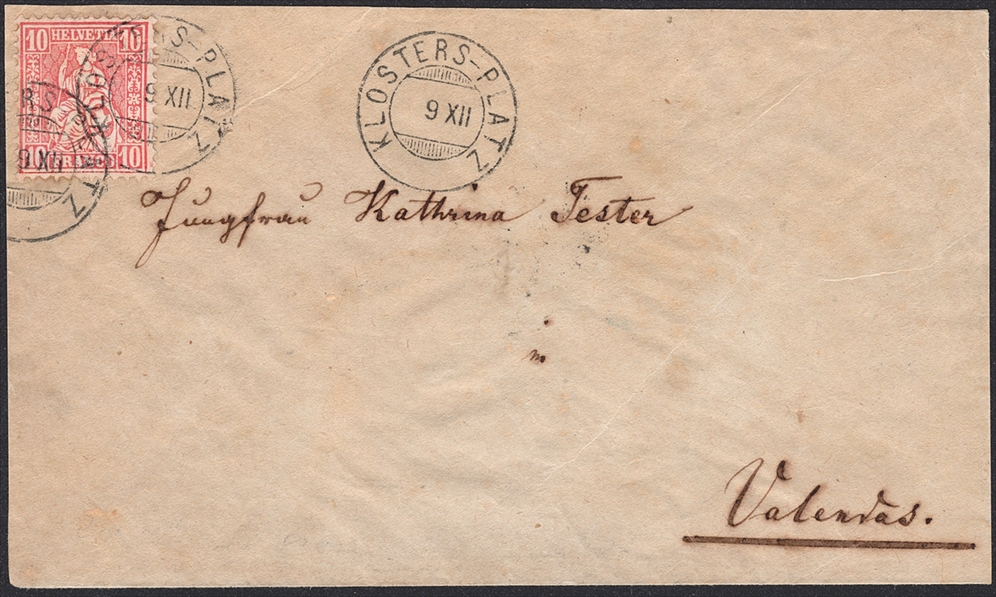 Schweiz, Abstempelungen, Kanton Graubünden, Zwergstempel KLOSTERS-PLATZ auf 10Rp.Sitzender Helvetia, Brief nach Valendas
