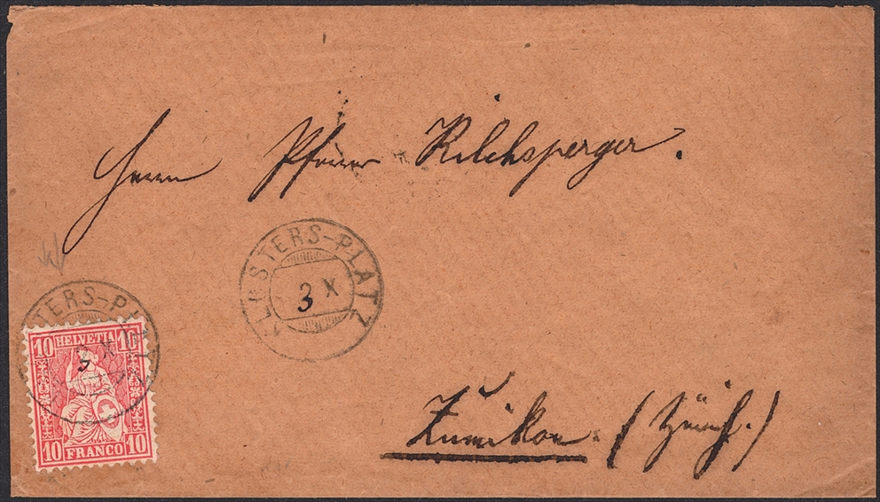 Schweiz, Abstempelungen, Kanton Graubünden, Zwergstempel KLOSTERS-PLATZ auf 10Rp.Sitzender Helvetia, Brief nach Zumikon