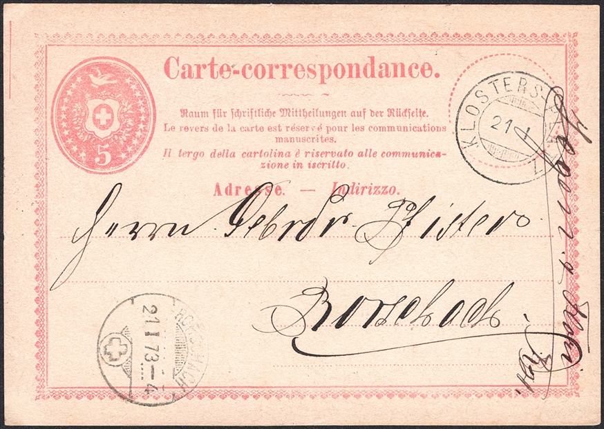 Schweiz, Abstempelungen, Kanton Graubünden, Zwergstempel KLOSTERS-PLATZ auf 5Rp.Postkarte