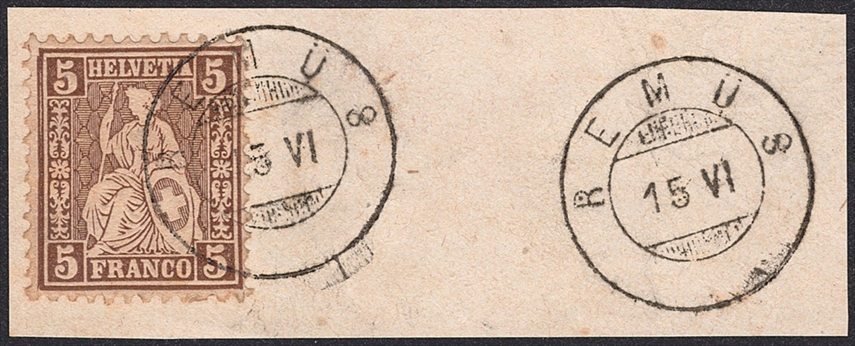 Schweiz, Abstempelungen, Kanton Graubünden, Zwergstempel REMUS auf 5Rp.Sitzender Helvetia, Ausschnitt