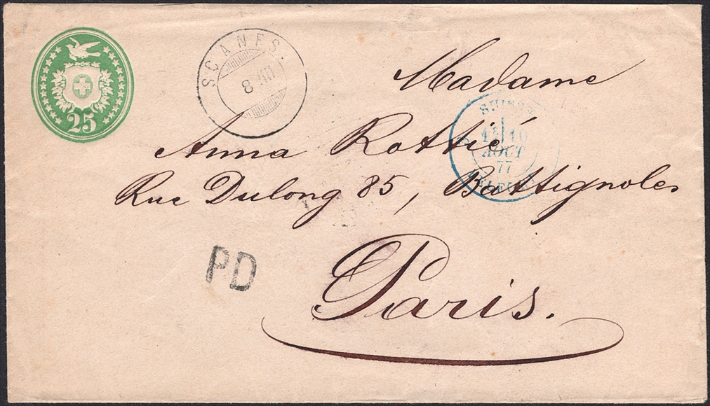 Schweiz, Abstempelungen, Kanton Graubünden, Zwergstempel SCANFS auf 25Rp.Tübeli nach Paris