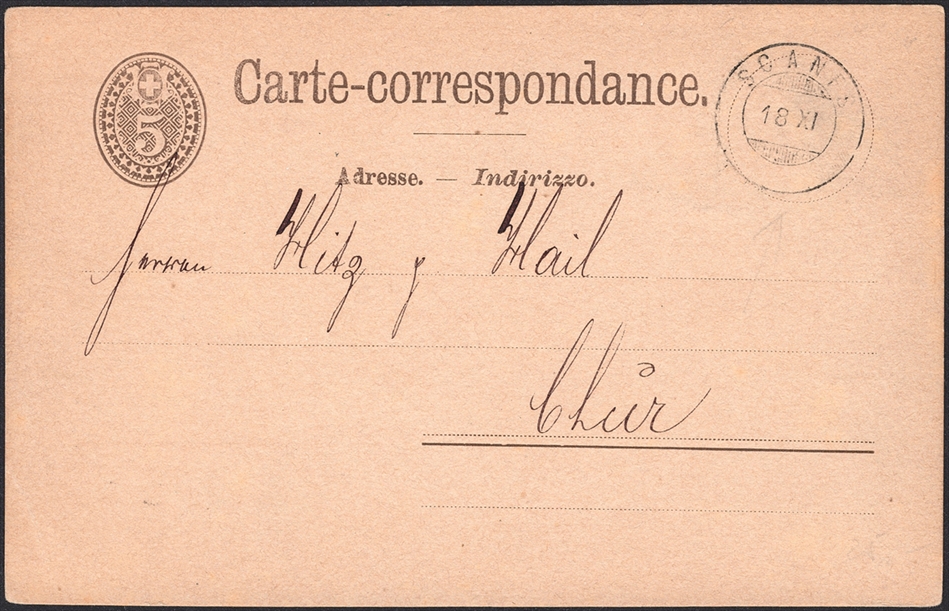 Schweiz, Abstempelungen, Kanton Graubünden, Zwergstempel SCANFS auf 5Rp.Postkarte