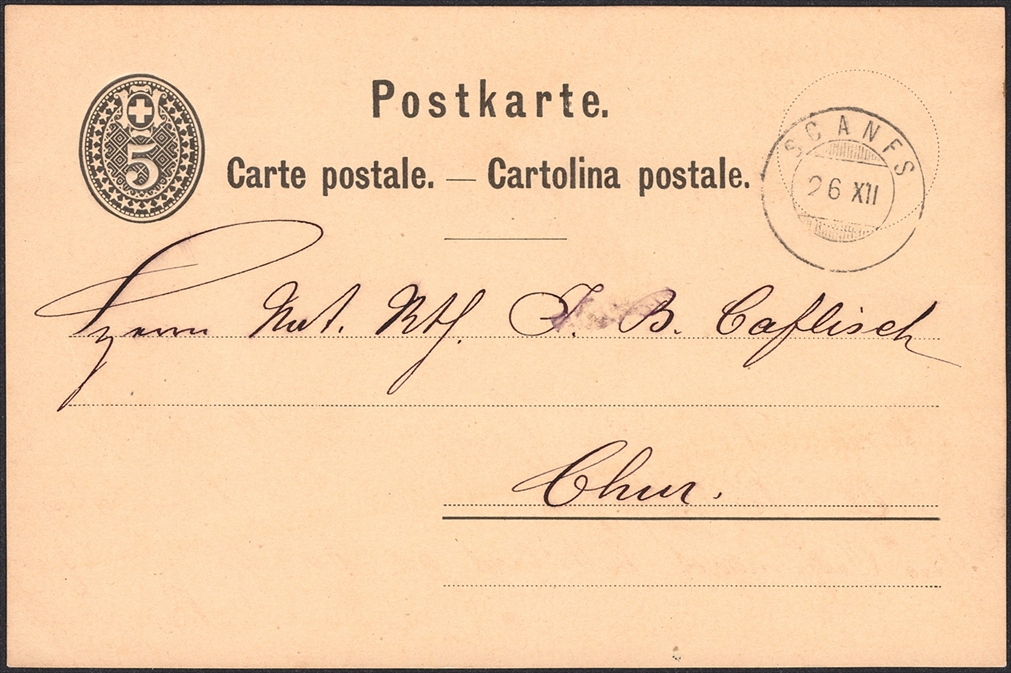 Schweiz, Abstempelungen, Kanton Graubünden, Zwergstempel SCANFS auf 5Rp.Postkarte
