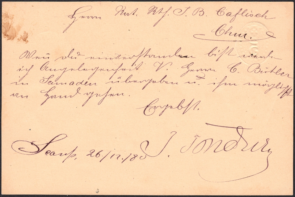 Schweiz, Abstempelungen, Kanton Graubünden, Zwergstempel SCANFS auf 5Rp.Postkarte – Bild 2