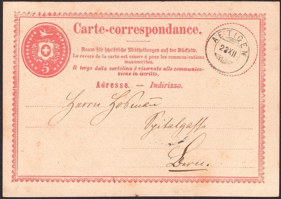 Schweiz, Abstempelungen, Kanton Solothurn, Zwergstempel AETIGEN, auf 5Rp.Postkarte