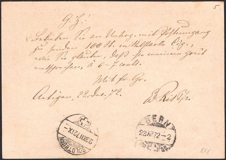 Schweiz, Abstempelungen, Kanton Solothurn, Zwergstempel AETIGEN, auf 5Rp.Postkarte – Bild 2