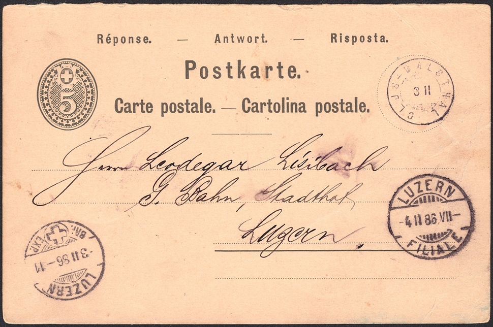 Schweiz, Abstempelungen, Kanton Solothurn, Zwergstempel CLUS-BALSTHAL, auf 5Rp.Postkarte/Antwortteil