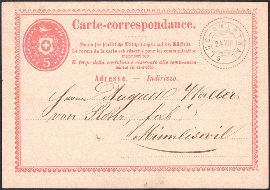 Schweiz, Abstempelungen, Kanton Solothurn, Zwergstempel CLUS-BALSTHAL, auf 5Rp.Postkarte