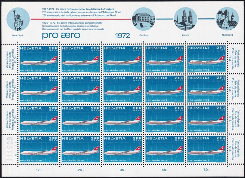 Schweiz Flugpost 1972 PRO AERO SBK Nr. FO47 "Swissair Jumbo-Jet" 20er Bogen CHF 2.00er postfrisch zum Frankieren