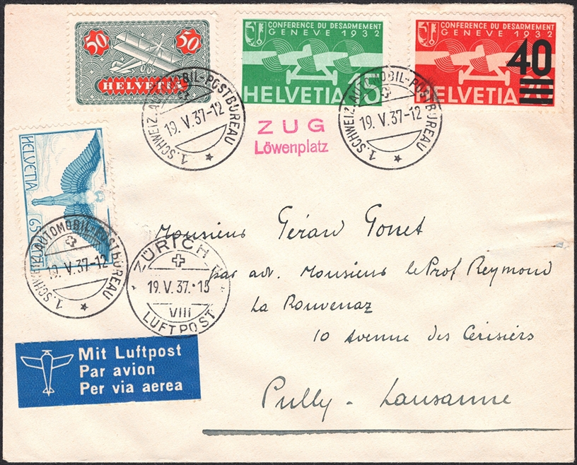 Schweiz, Flugpost, Nr.9z/10z/16/25 auf Luftpostbrief nach Pully, AUTOMOBIL-POSTBUREAU, roter ZUG Löwenplatz