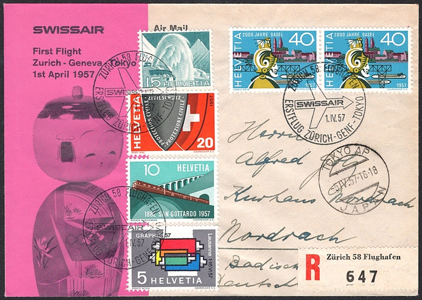 Schweiz, Flugpost, Sonderflüge, 1957, Zürich-Tokyo, R-Brief, SF 57.3a