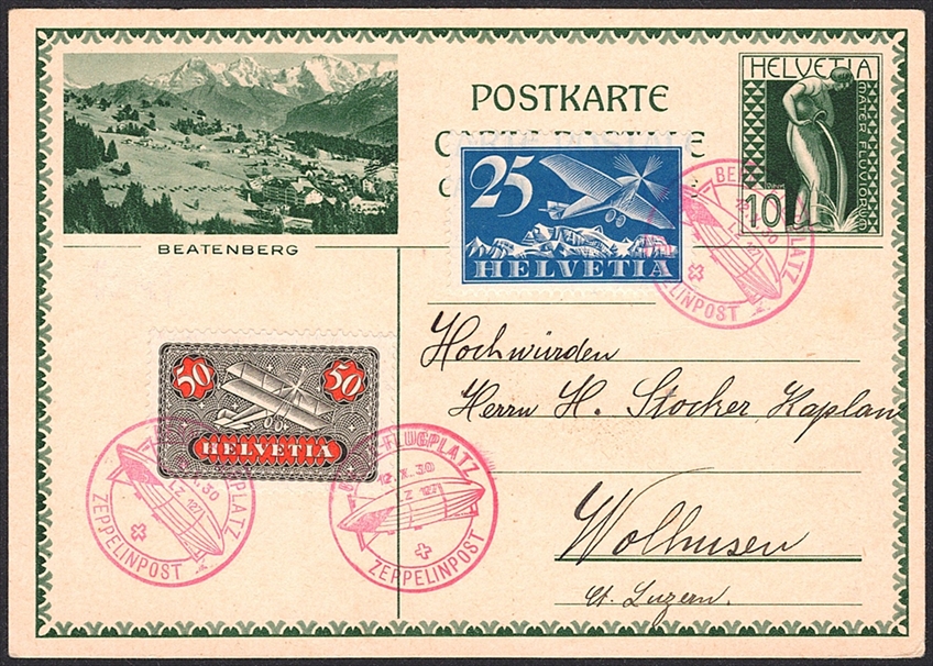 Schweiz, Flugpost, Zeppelinpost, ZF 38C, Bern-Basel, 10Rp.Bildpostkarte