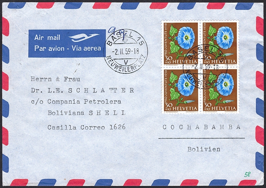 Schweiz, Frankaturen, Bedarfsflugpost, 1.20Fr., Brief über 9gr. nach Bolivien, BASEL