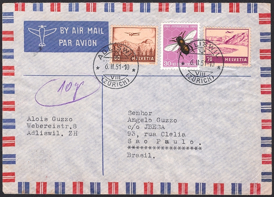 Schweiz, Frankaturen, Bedarfsflugpost, 1.60Fr., Brief über 10gr. nach Sao Paulo, ADLISWIL