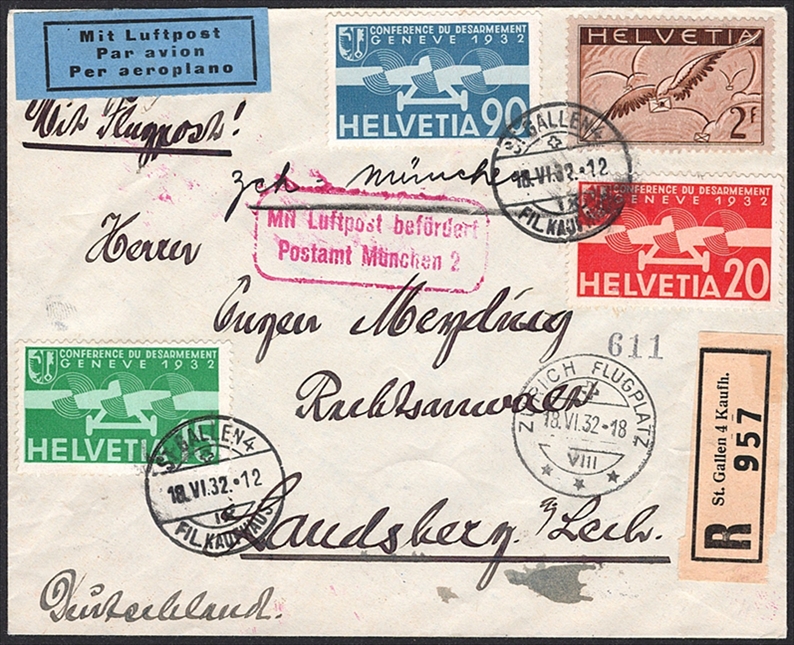Schweiz, Frankaturen, Bedarfsflugpost, 3.25Fr, R-Brief nach Landsberg, ST.GALLEN