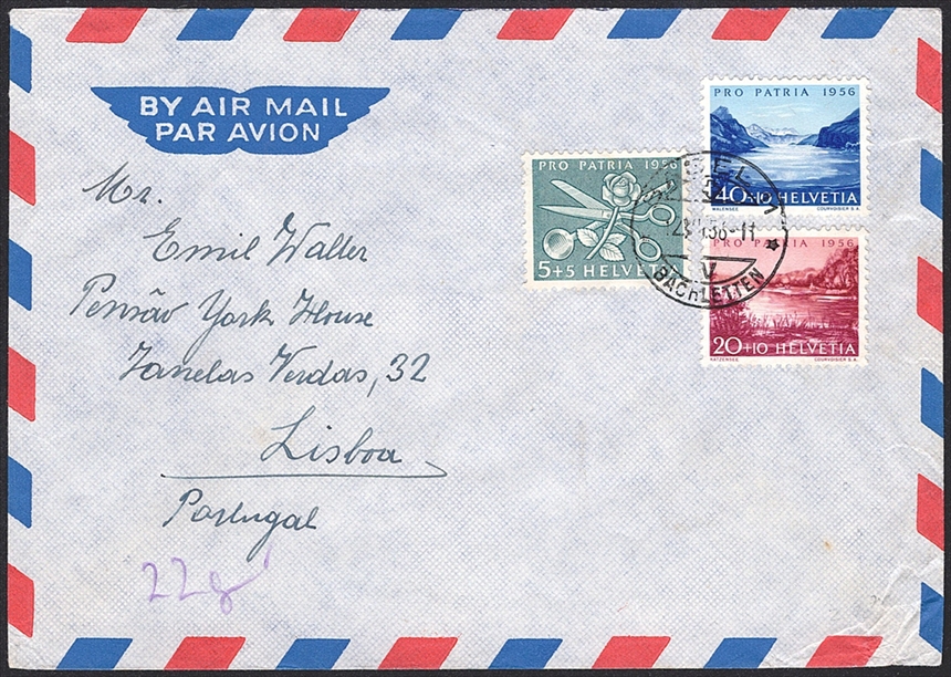Schweiz, Frankaturen, Bedarfsflugpost, 65Rp., Brief über 22gr. nach Lissabon, BASEL