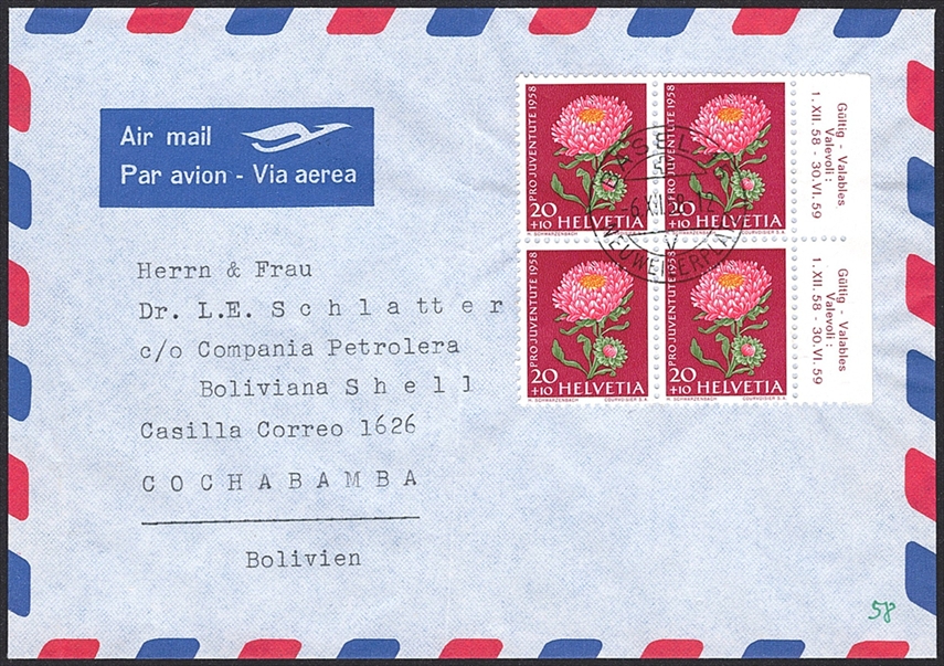 Schweiz, Frankaturen, Bedarfsflugpost, 80Rp., Brief nach Bolivien, BASEL