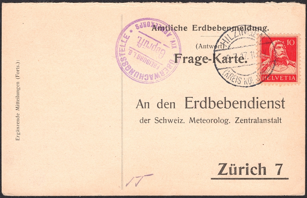 Schweiz, Frankaturen, Freimarken, Nr.126II vorfrankiert auf Antwortkarte des Erdbebendienstes, gestempelt HILZINGEN