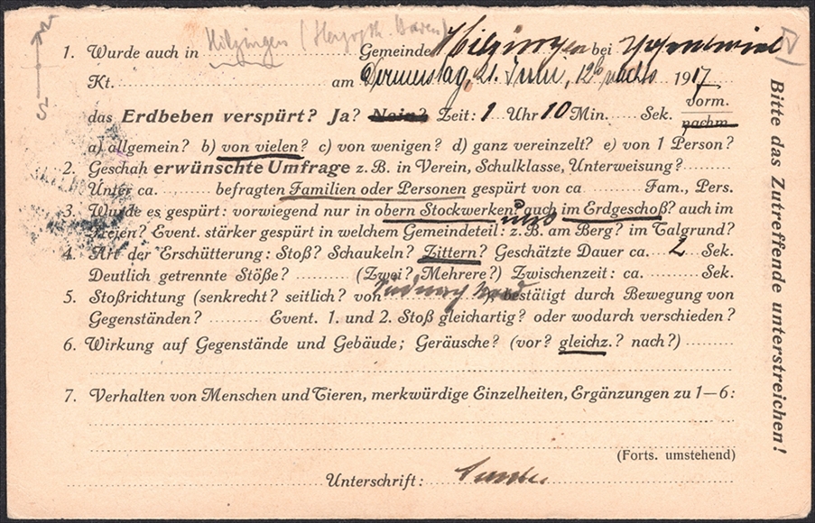Schweiz, Frankaturen, Freimarken, Nr.126II vorfrankiert auf Antwortkarte des Erdbebendienstes, gestempelt HILZINGEN – Bild 2