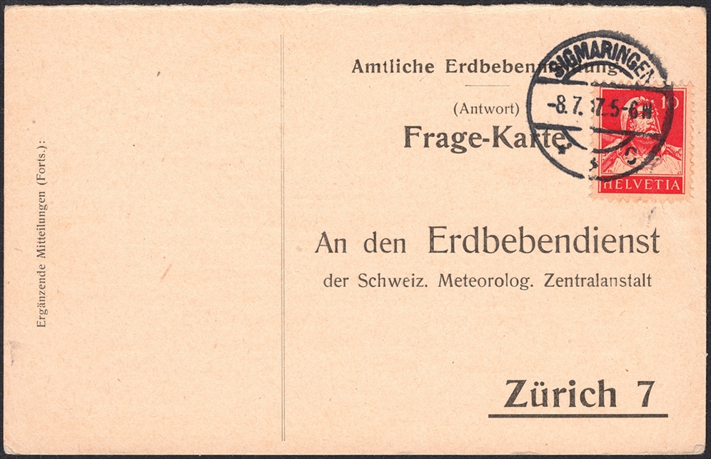 Schweiz, Frankaturen, Freimarken, Nr.126II vorfrankiert auf Antwortkarte des Erdbebendienstes, gestempelt SIGMARINGEN
