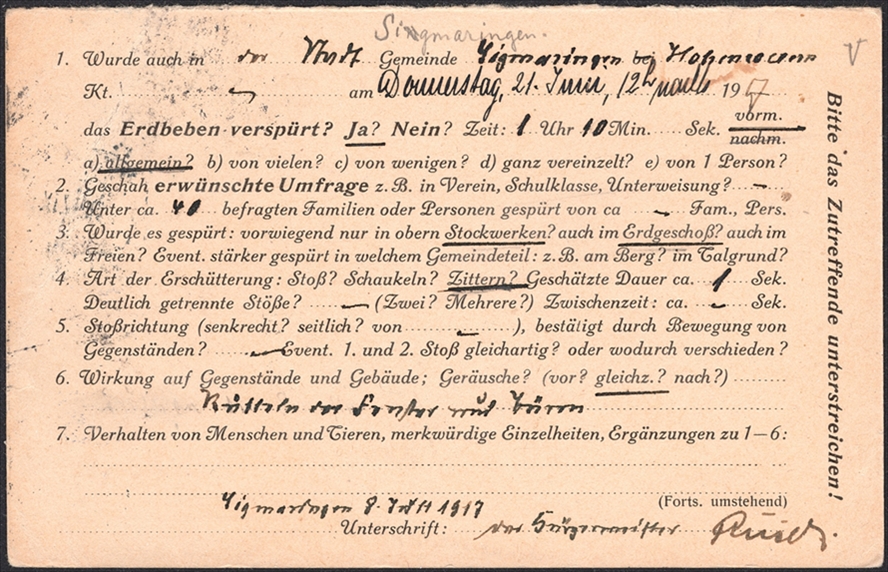 Schweiz, Frankaturen, Freimarken, Nr.126II vorfrankiert auf Antwortkarte des Erdbebendienstes, gestempelt SIGMARINGEN – Bild 2