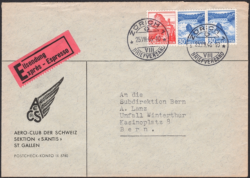 Schweiz, Frankaturen, Freimarken, Nr.207/215 auf Express-Brief ZÜRICH