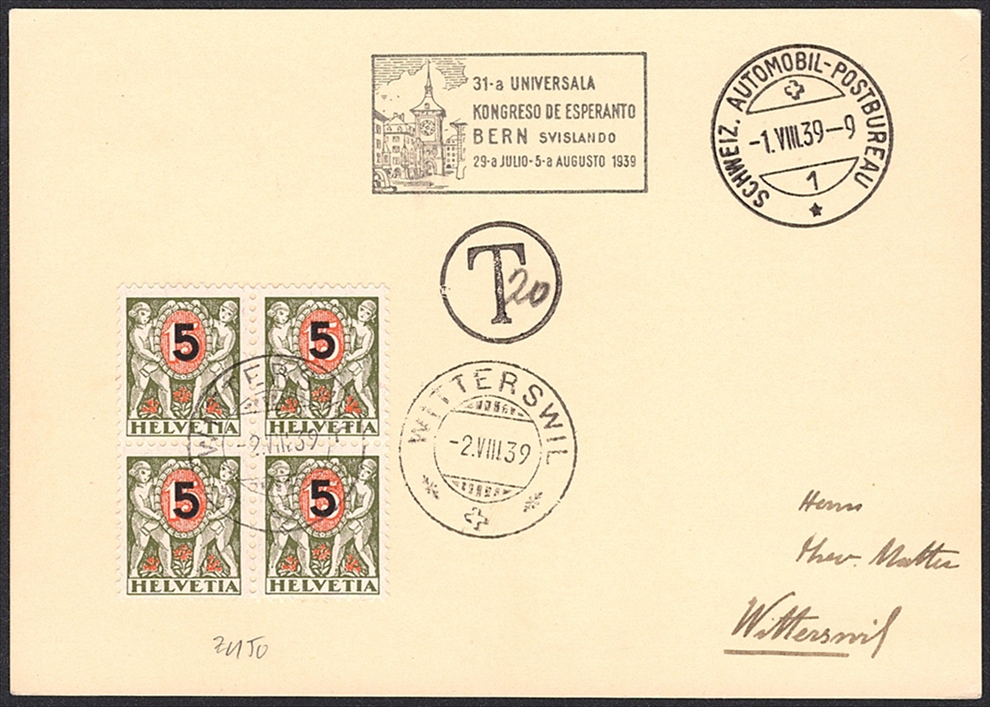 Schweiz, Nachporto, Nr.50 im Viererblock auf unfrankierter Karte, WITTERSWIL