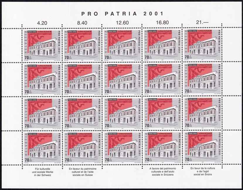 Schweiz Pro Patria 2001 SBK Nr. B272 "Denkmäler der Schweizer Kulturgeschichte - Theatre italien, La Chaux-de-Fonds NE" 20er Bogen CHF 0.70er postfrisch zum Frankieren