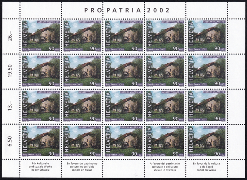 Schweiz Pro Patria 2002 SBK Nr. B278 "Wertvolle Bauten am Wasser - Lussery-Villars VD" 20er Bogen CHF 0.90er postfrisch zum Frankieren