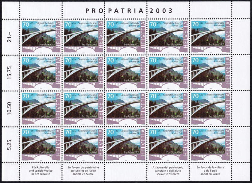 Schweiz Pro Patria 2003 SBK Nr. B280 "Historische Brücken und Stege - Salginatobelbrücke Schiers GR" 20er Bogen CHF 0.70er postfrisch zum Frankieren