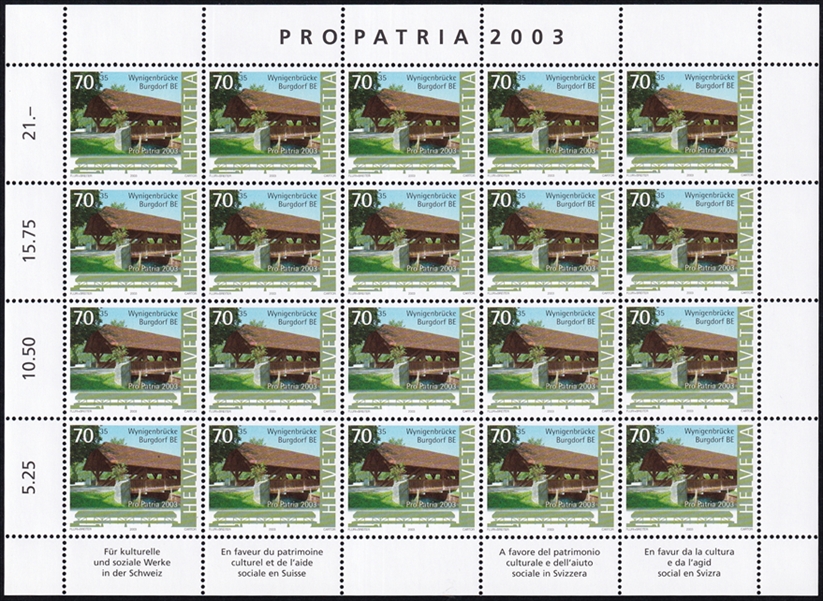 Schweiz Pro Patria 2003 SBK Nr. B280 "Historische Brücken und Stege - Wynigenbrücke Burgdorf BE" 20er Bogen CHF 0.70er postfrisch zum Frankieren
