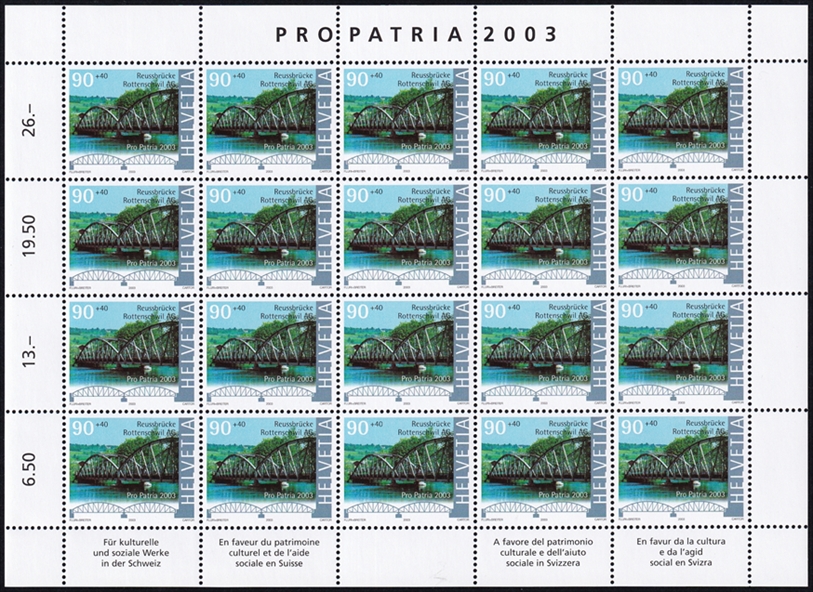 Schweiz Pro Patria 2003 SBK Nr. B283 "Historische Brücken und Stege - Reussbrücke, Rottenschwil AG" 20er Bogen CHF 0.90er postfrisch zum Frankieren