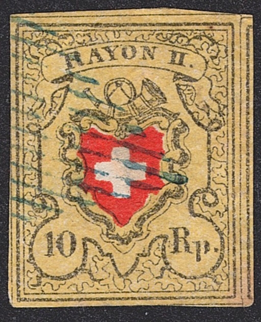 Schweiz, Rayon, Nr.16 ll, Typ 28 D-RO, RAUTE blau, sauber auf vollrandiger Marke, rückseitig leicht dünn