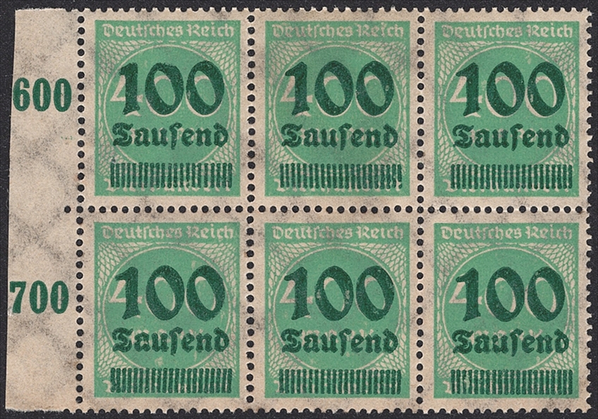 Deutsches Reich 1923 Mi. Nr. 290 im 6er Block postfrisch ** mit Bogenrand links und Plattenfehler