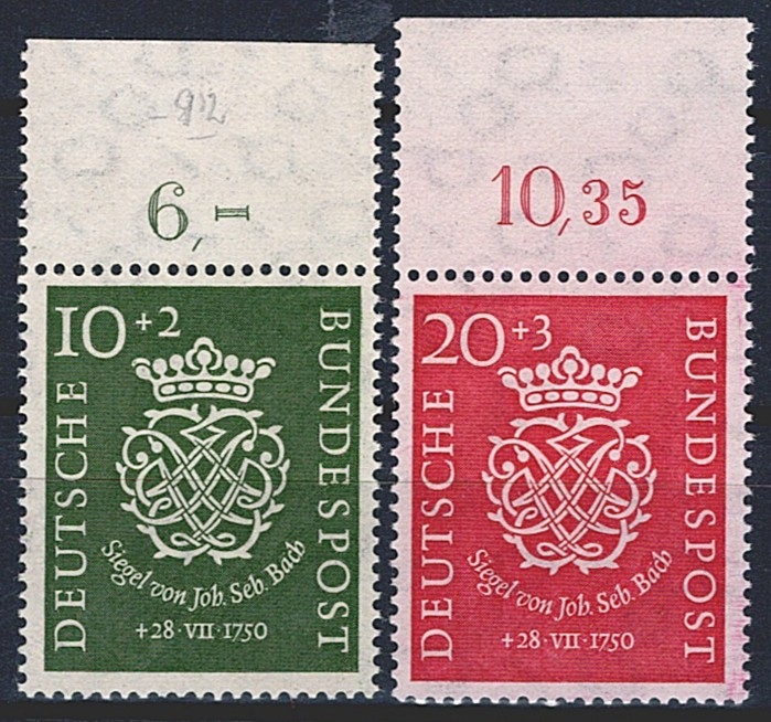 Deutschland, BRD, 1950, J.S.Bach, Nr.121-122, komplette Serie, oberer Bogenrand