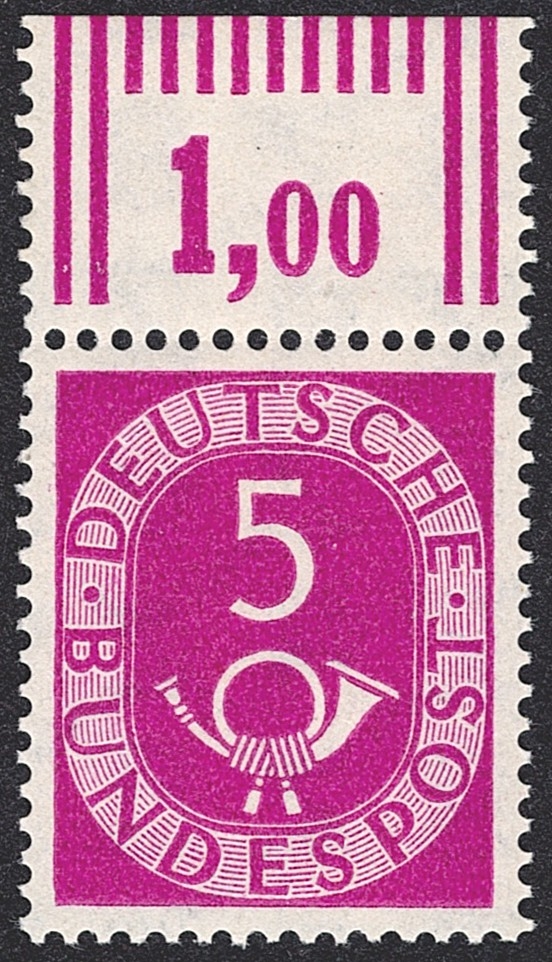 Deutschland, BRD, 1951, Freimarken, Nr.125, 5Pfg.dunkellilapurpur, oberer Bogenrand