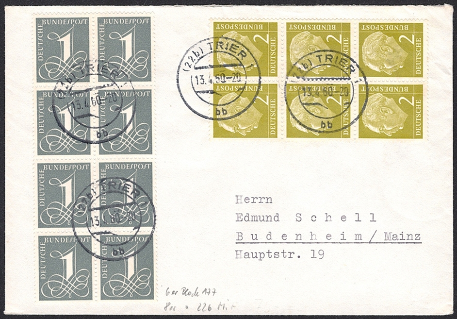 Deutschland, BRD, Nr.177xW. 6er-Block mit 8xNr.226 auf Brief nach Budenheim, TRIER