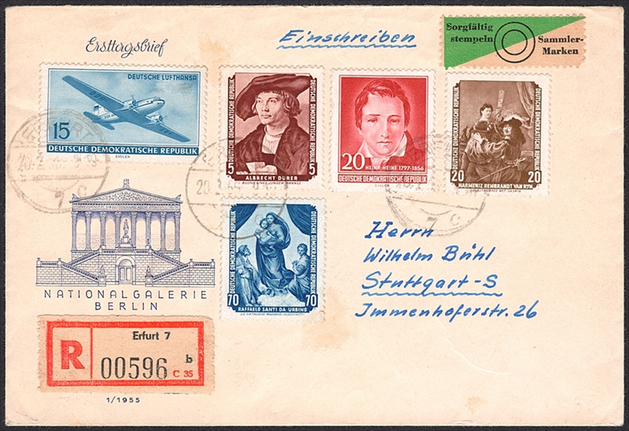 Deutschland, DDR 1956 Mi. Nr. 504, 507, 509, 514 und 517 auf Bedarfsbrief gestempelt ERFURT