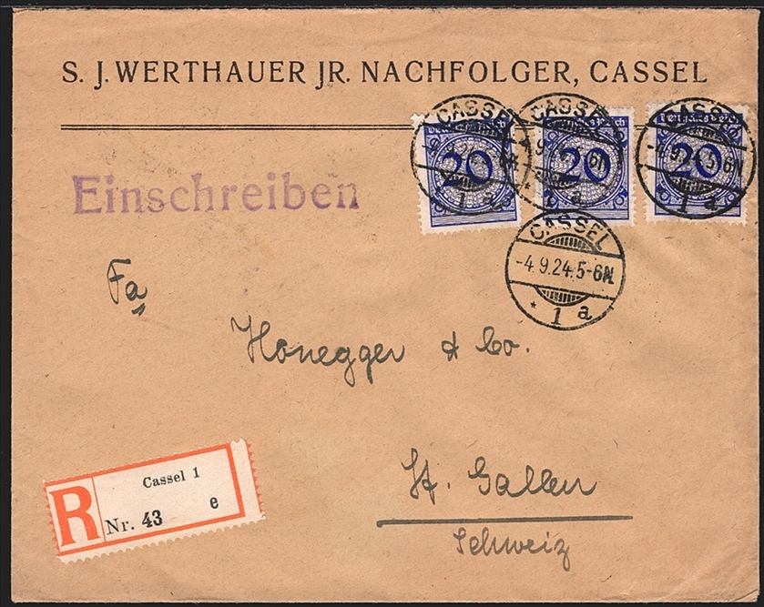 Deutschland, Deutsches Reich, Freimarken, Nr.341, Dreifach auf eingeschriebenem Brief in die Schweiz, gestempelt HAMBURG