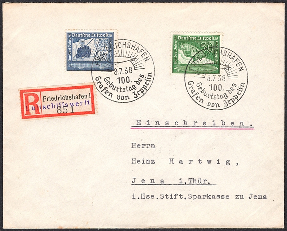 Deutschland, Deutsches Reich, Nr.669-670, Graf Zeppelin, R-Brief nach Jena, blauer Stabstempel Luftschiffswerft auf R-Zettel