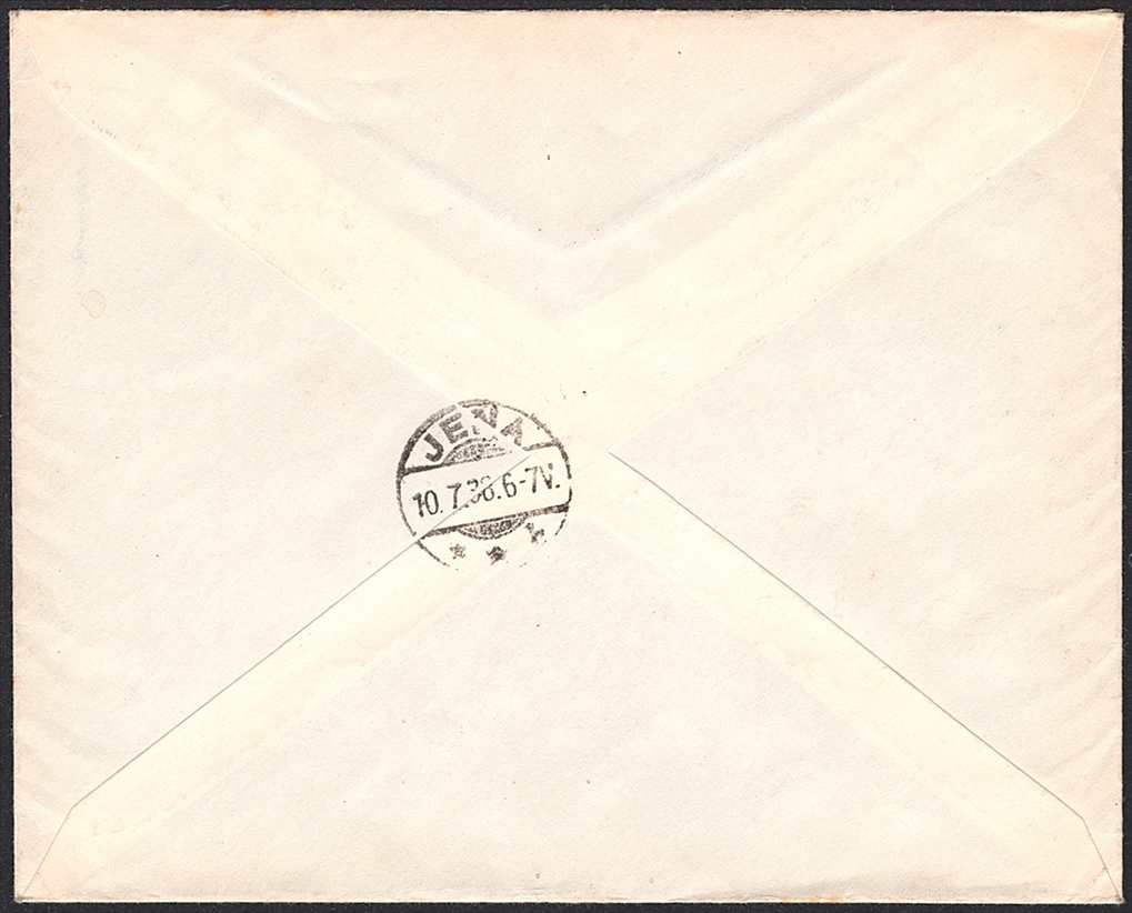 Deutschland, Deutsches Reich, Nr.669-670, Graf Zeppelin, R-Brief nach Jena, blauer Stabstempel Luftschiffswerft auf R-Zettel – Bild 2