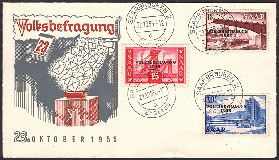 Deutschland, Saarland 1955 Mi. Nr. 362/4 auf Brief gestempelt Ersttag SAARBRÜCKEN