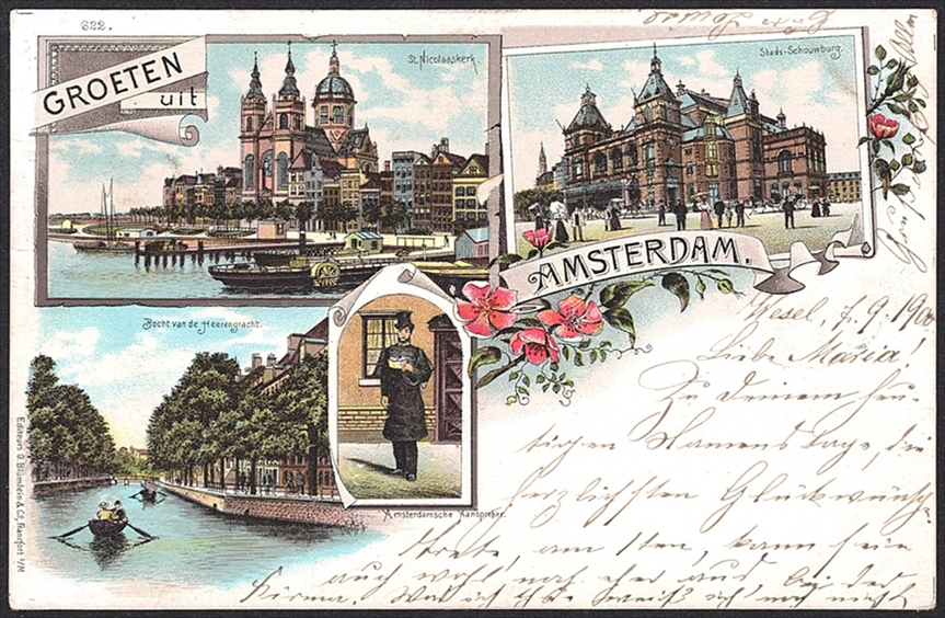 Lithographien, Niederlande, Groeten uit AMSTERDAM, 4 Bilder, 1900