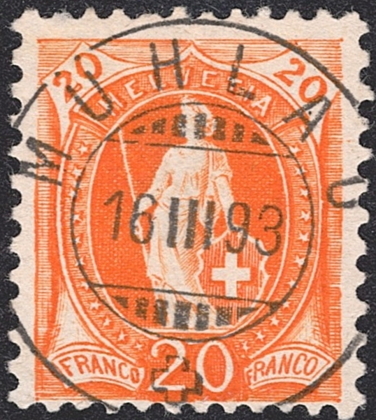 Schweiz, Abstempelungen Aargau, Stehende Helvetia, MÜHLAU, auf 20Rp.orange