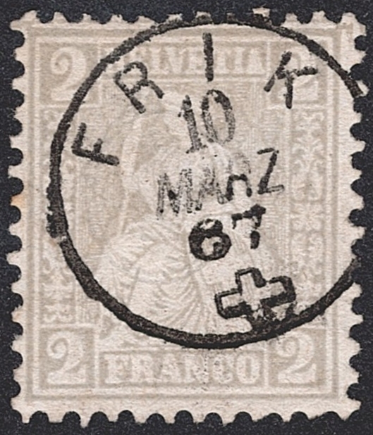 Schweiz, Abstempelungen, Sitzende Helvetia, Fingerhut Gr.104 FRIK, auf 2Rp.grau