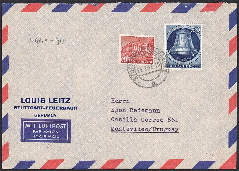 Deutschland, Berlin, 1951, 30/60Pfg. Nr.54/104, auf Flugpostbrief nach Montevideo, STUTTGART