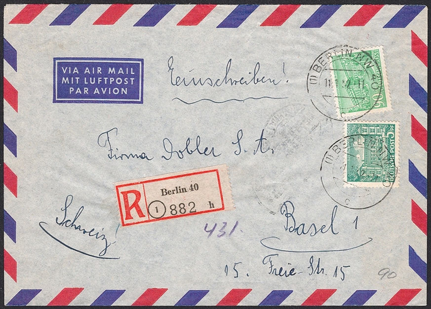 Deutschland, Berlin, 1952, 5/90Pfg. Nr.42/56, auf portogerechtem R-Flugpostbrief nach Basel, BERLIN