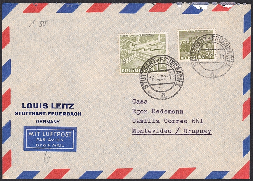 Deutschland, Berlin, 1952, 50Pfg./1DM, Nr.53/57, auf Flugpostbrief nach Montevideo, STUTTGART